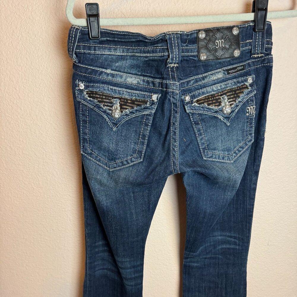 Vintage Miss Me Metal Studded Distressed Boot Cut low rise sz 28 jean dark wash
